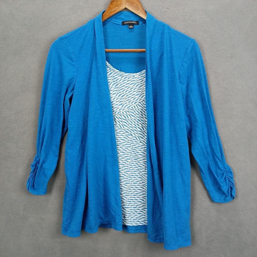 Notations Layered‎ Look Cardigan Sweater Womens Small Blue Stretch Ruched Sleeve